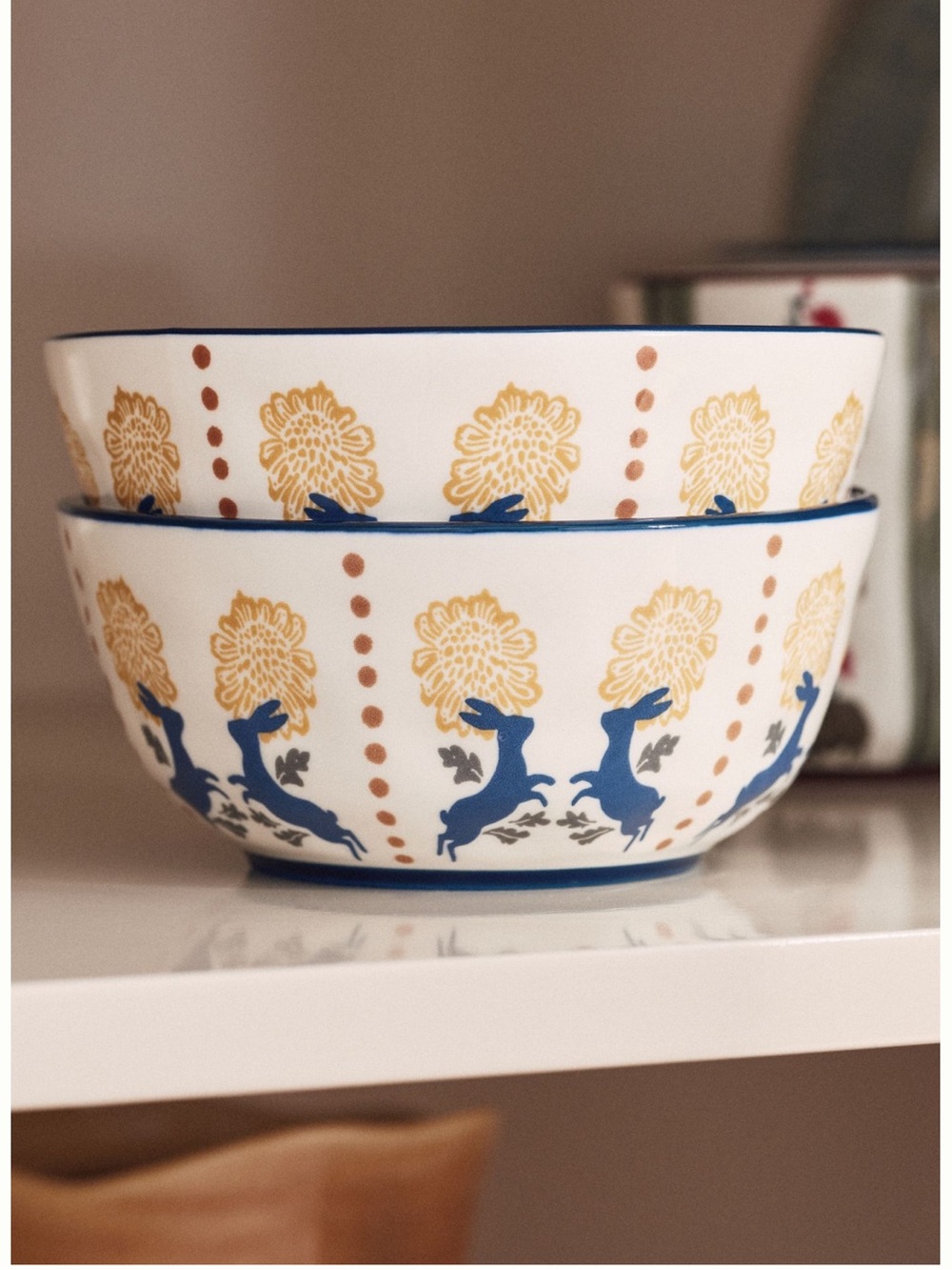 Anthropologie Bunny Stoneware Bowl Millie Yogurt New Rustic Blue Yellow Set of 2
